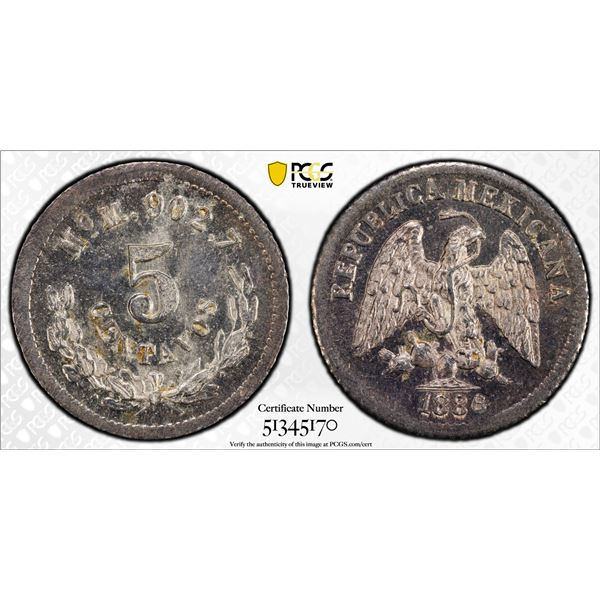 MEXICO: Republic, AR 5 centavos, 1886-Mo, PCGS MS64