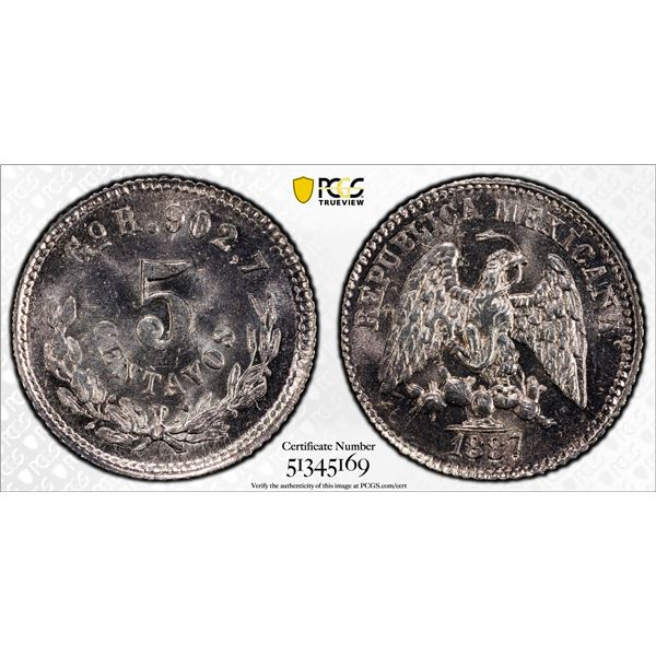 MEXICO: Republic, AR 5 centavos, 1887-Go, PCGS MS65
