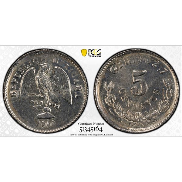 MEXICO: Republic, AR 5 centavos, 1900-Go, PCGS MS65
