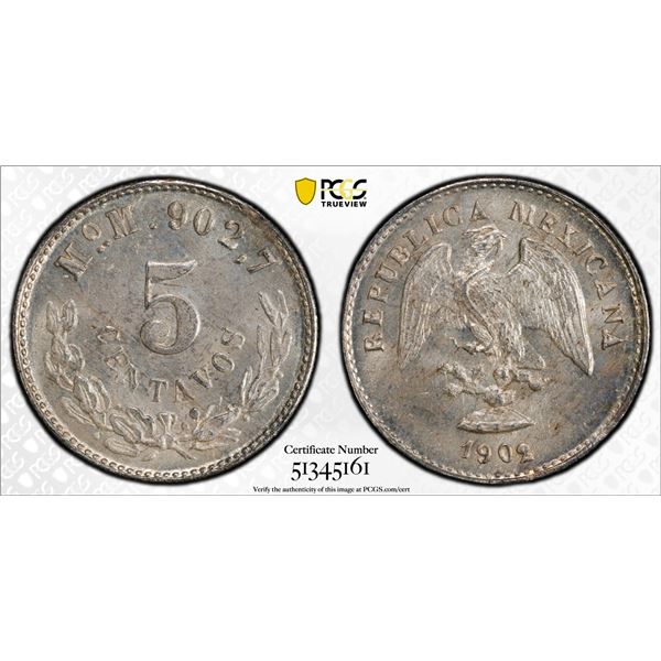 MEXICO: Republic, AR 5 centavos, 1902-Mo, PCGS MS65