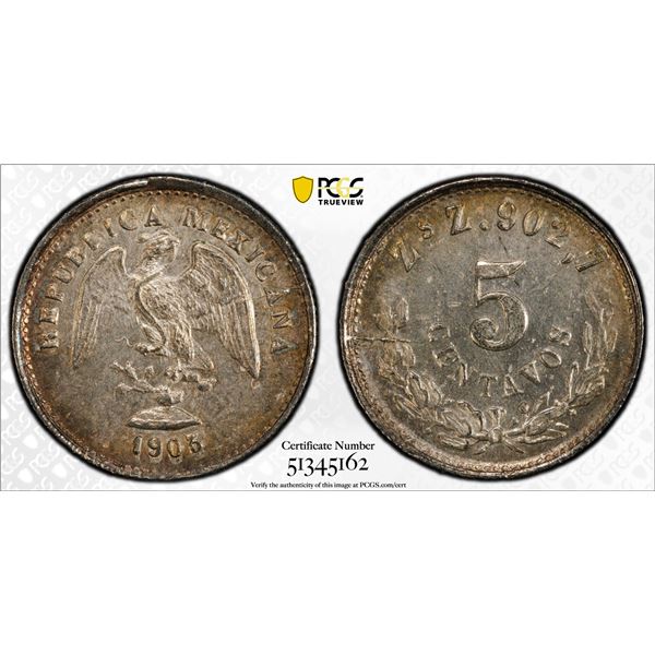 MEXICO: Republic, AR 5 centavos, 1903-Zs, PCGS UNC details