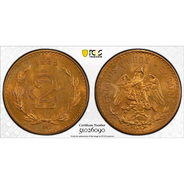 MEXICO: Estados Unidos, AE 2 centavos, 1935, PCGS MS65 RD