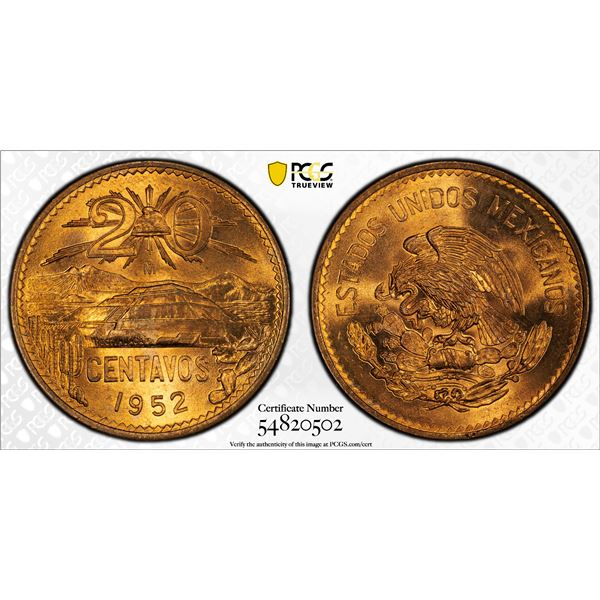 MEXICO: Estados Unidos, AE 20 centavos, 1952-Mo, PCGS MS66 RD