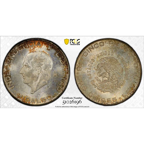 MEXICO: Estados Unidos, AR 5 pesos, 1955-Mo, PCGS MS65