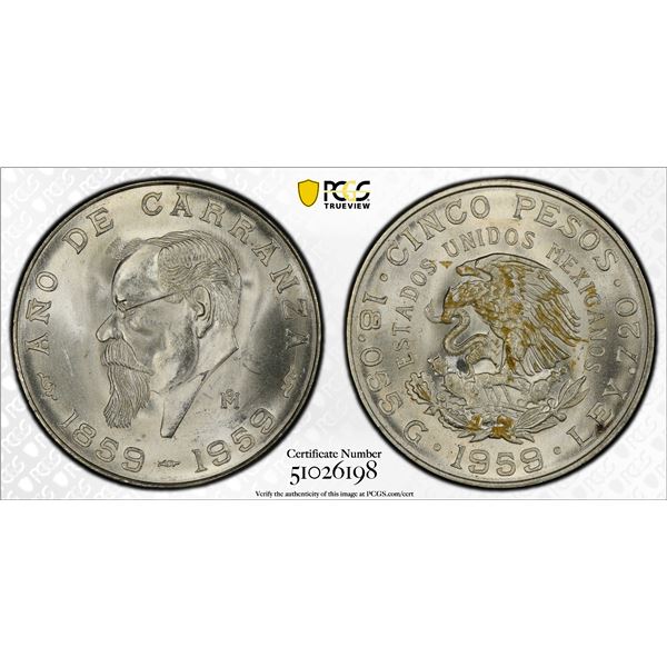 MEXICO: Estados Unidos, AR 5 pesos, 1959-Mo, PCGS UNC details