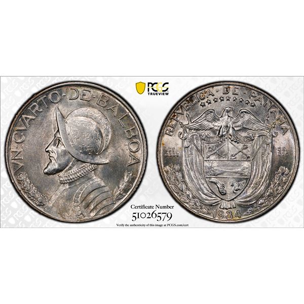 PANAMA: Republic, AR 1/4 balboa, 1934, PCGS AU58