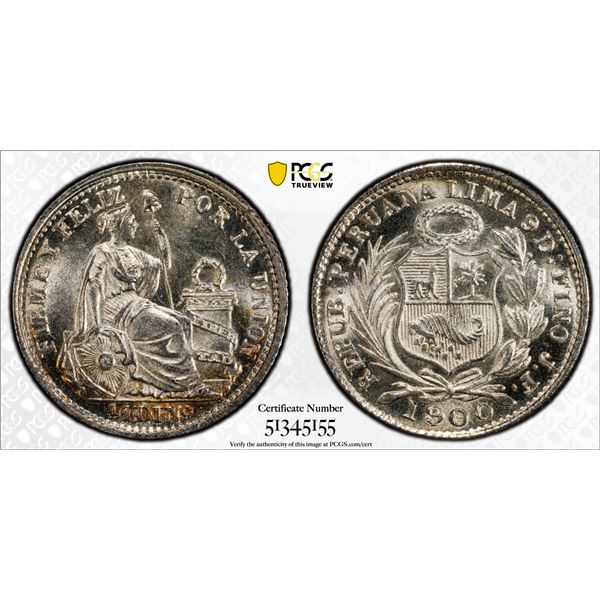 PERU: Republic, AR 1/2 dinero, 1900/890, PCGS MS65