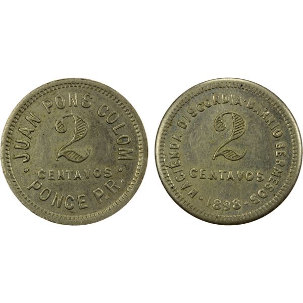 PUERTO RICO: Juan Pons Colom, 2 centavos token (3.08g), 1898, AU