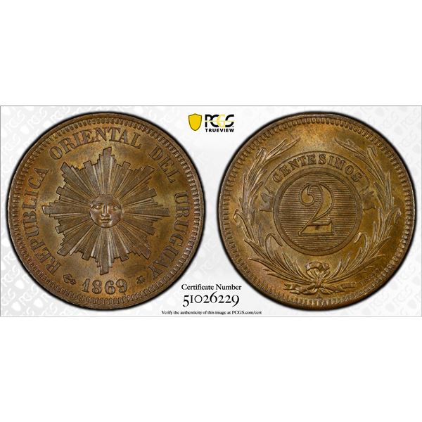 URUGUAY: Republic, AE 2 cenetesimos, 1869-A, PCGS MS65 BN