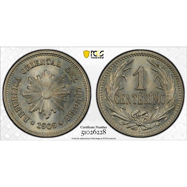 URUGUAY: Republic, 1 centesimo, 1909, PCGS MS65