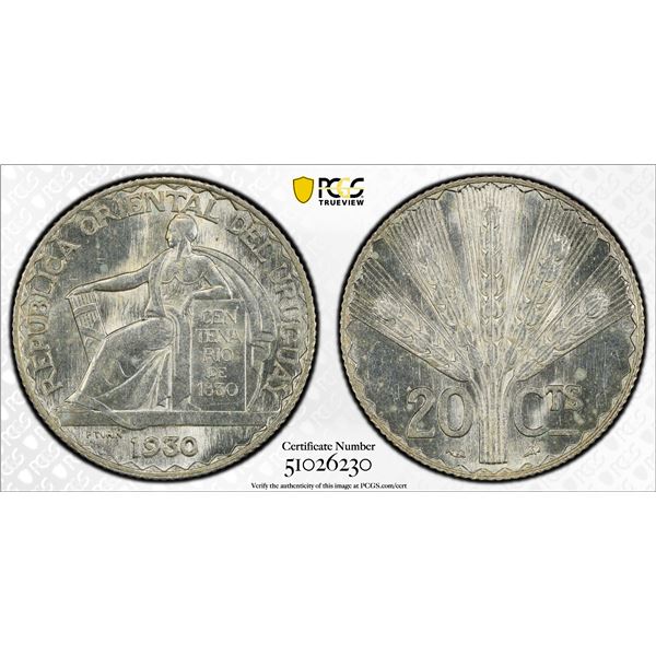 URUGUAY: Republic, AR 20 centesimos, 1930, PCGS MS63