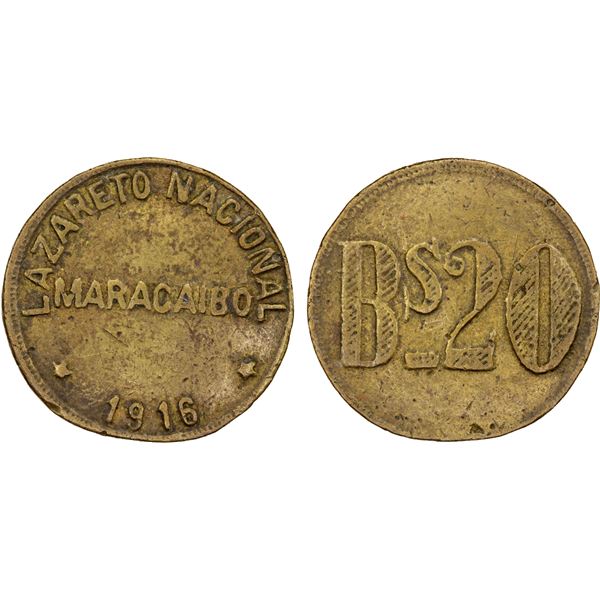 VENEZUELA: CONTEMPORARY CAST COUNTERFEITS: Leprosarium, brass 20 bolivares, 1916, VF
