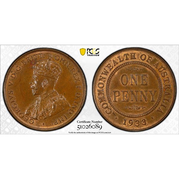 AUSTRALIA: George V, 1910-1936, AE penny, 1933, PCGS MS64 BN