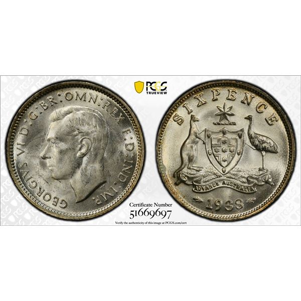 AUSTRALIA: George VI, 1936-1952, AR 6 pence, 1938(m), PCGS MS64