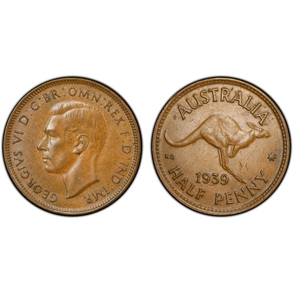 AUSTRALIA: George VI, 1936-1952, AE 1/2 penny, 1939, PCGS MS63 BN