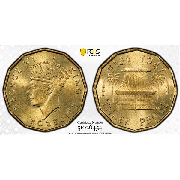FIJI: George VI, 1936-1952, 3 pence, 1947, PCGS MS64