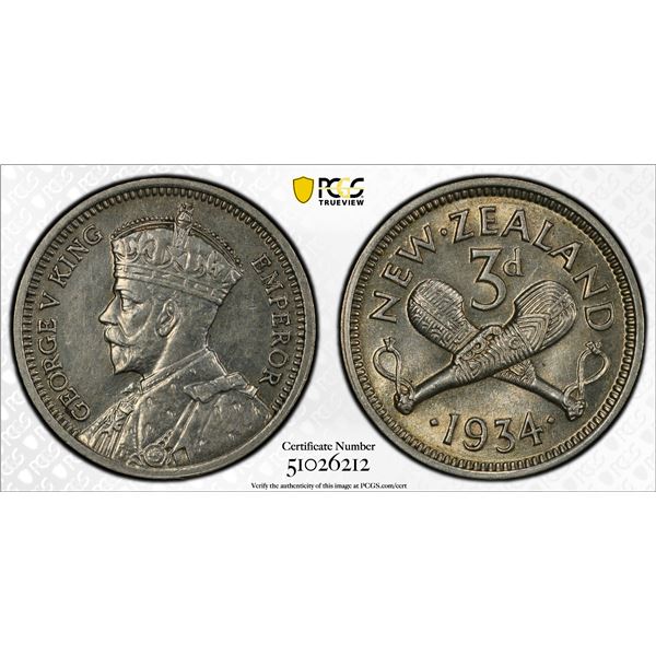 NEW ZEALAND: George V, 1910-1936, AR 3 pence, 1934, PCGS MS63