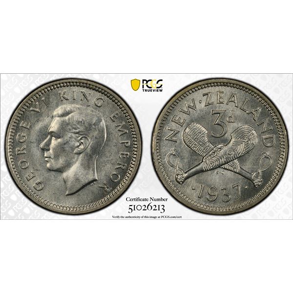NEW ZEALAND: George VI, 1936-1952, AR 3 pence, 1937, PCGS MS64