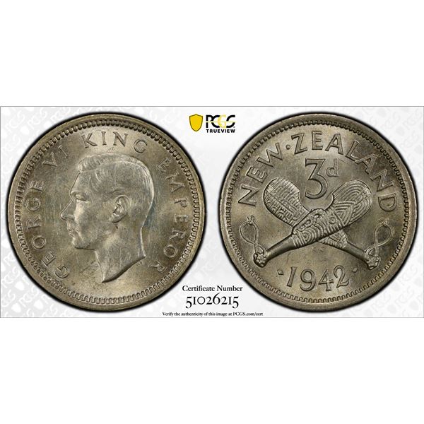 NEW ZEALAND: George VI, 1936-1952, AR 3 pence, 1942, PCGS MS64