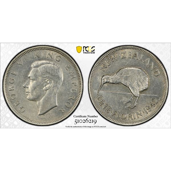 NEW ZEALAND: George VI, 1936-1952, AR florin, 1942, PCGS UNC details