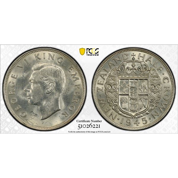 NEW ZEALAND: George VI, 1936-1952, AR 1/2 crown, 1945, PCGS MS63