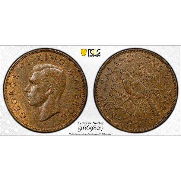 NEW ZEALAND: George VI, 1936-1952, AE penny, 1947, PCGS MS64 BN