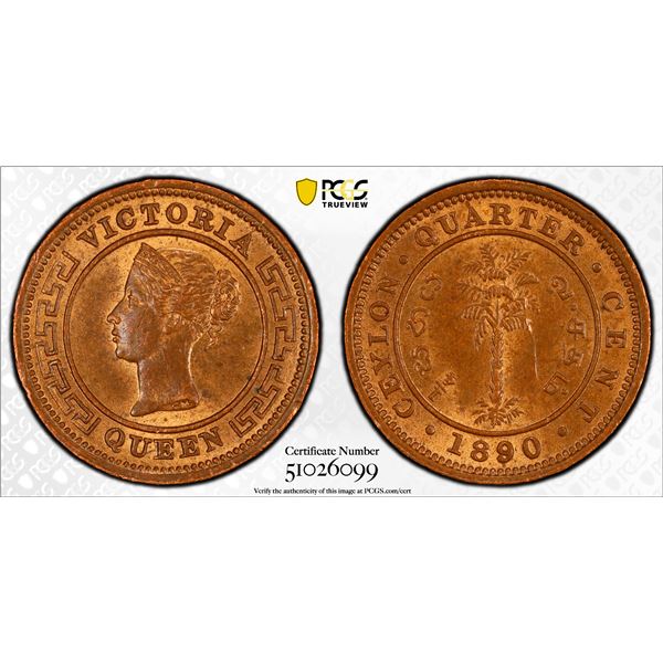 CEYLON: Victoria, 1837-1901, AE 1/4 cent, 1890, PCGS MS64 RB
