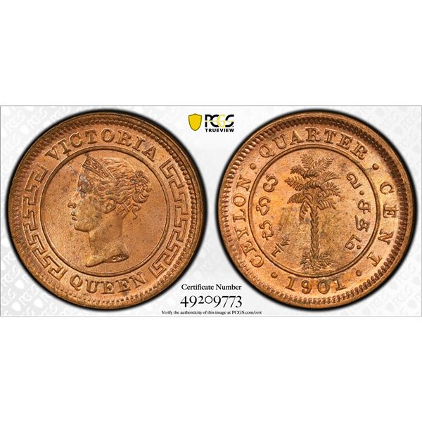 CEYLON: Victoria, 1837-1901, AE 1/4 cent, 1901, PCGS MS64 RD