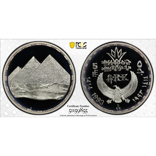 EGYPT: Republic, AR 5 pounds, 1993/AH1414, PCGS PF68 Deep Cameo