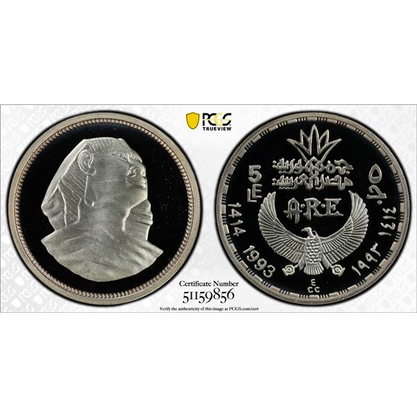EGYPT: Republic, AR 5 pounds, 1993/AH1414, PCGS PF69 Deep Cameo
