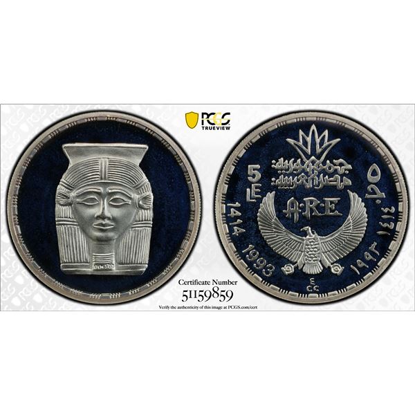 EGYPT: Republic, AR 5 pounds, 1993/AH1414, PCGS PF68 Deep Cameo
