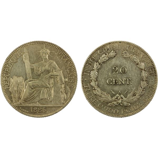 FRENCH INDOCHINA: AR 20 cents, 1885-A, AU
