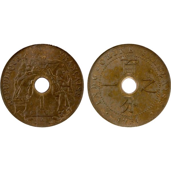 FRENCH INDOCHINA: AE centime, 1931-A, NGC MS64 RB