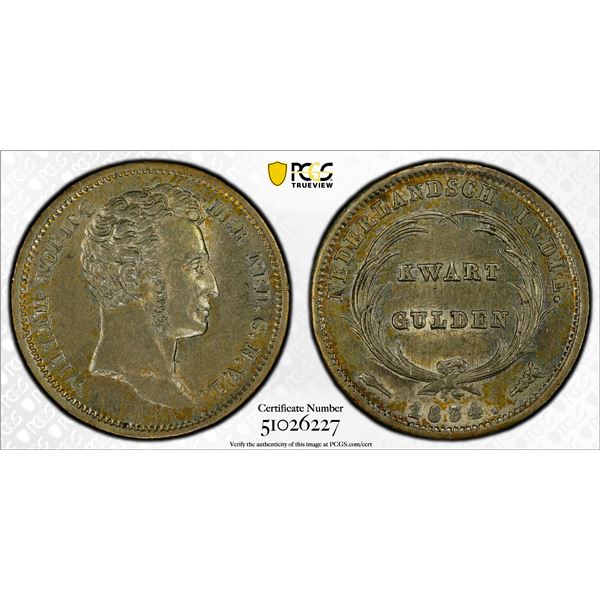 NETHERLANDS EAST INDIES: Willem I, 1815-1840, AR 1/4 gulden, 1834, PCGS AU58