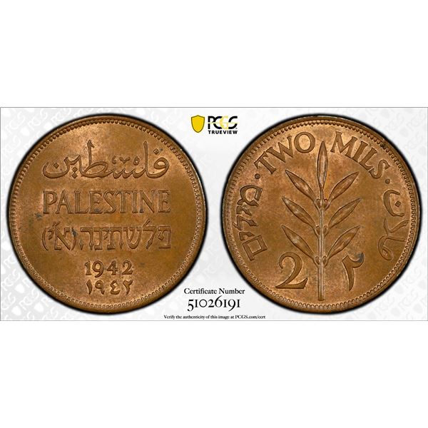 PALESTINE: British Mandate, AE 2 mils, 1942, PCGS MS64 RB