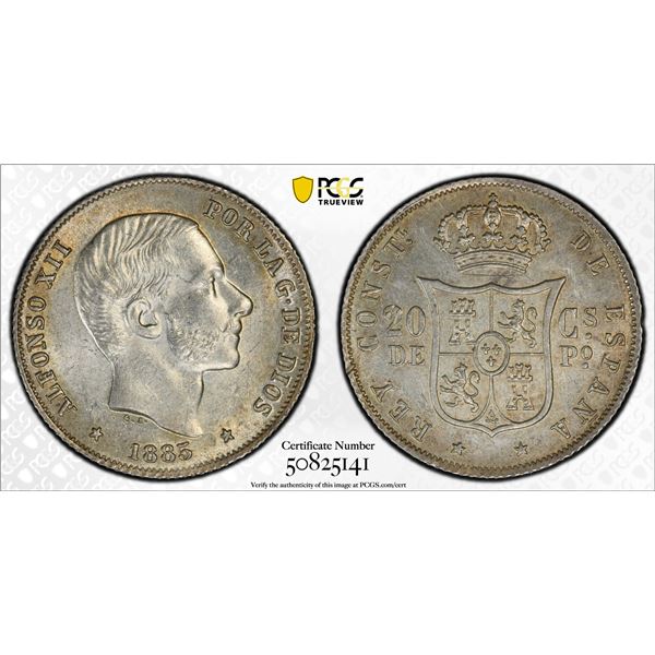 PHILIPPINES: Alfonso XII, 1874-1885, AR 20 centimos, 1885, PCGS UNC details