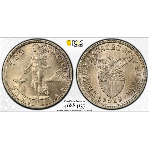 PHILIPPINES: U.S. Territory, AR 10 centavos, 1919-S, PCGS MS64