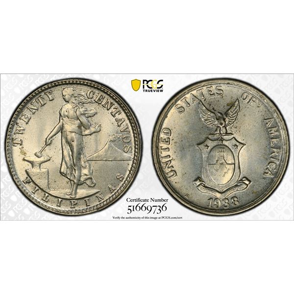 PHILIPPINES: Commonwealth, AR 20 centavos, 1938-M, PCGS MS64