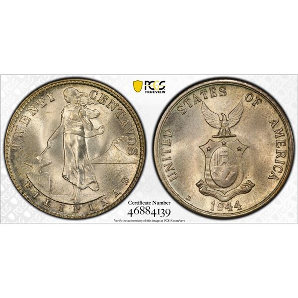 PHILIPPINES: U. S. Territory, AR 20 centavos, 1944-D/S, PCGS MS65