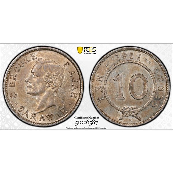 SARAWAK: Charles J. Brooke, 1868-1917, AR 10 cents, 1911-H, PCGS AU58