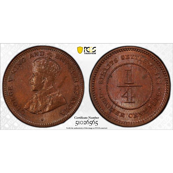 STRAITS SETTLEMENTS: George V, 1910-1936, AE 1/4 cent, 1916, PCGS MS63 BN