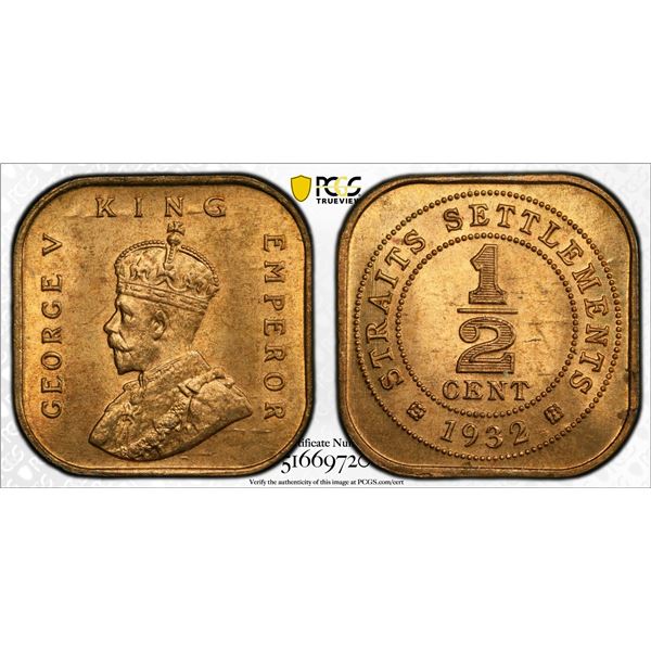 STRAITS SETTLEMENTS: George V, 1910-1936, AE 1/2 cent, 1932, PCGS MS65 RD