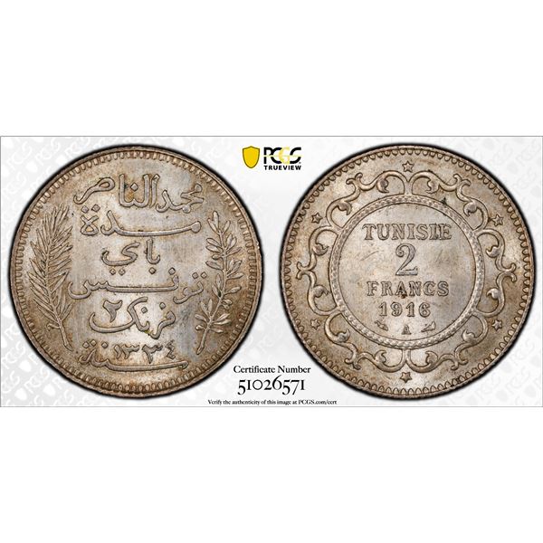 TUNISIA: Muhammad V, 1906-1922, AR 2 francs, 1916/AH1334, PCGS MS63