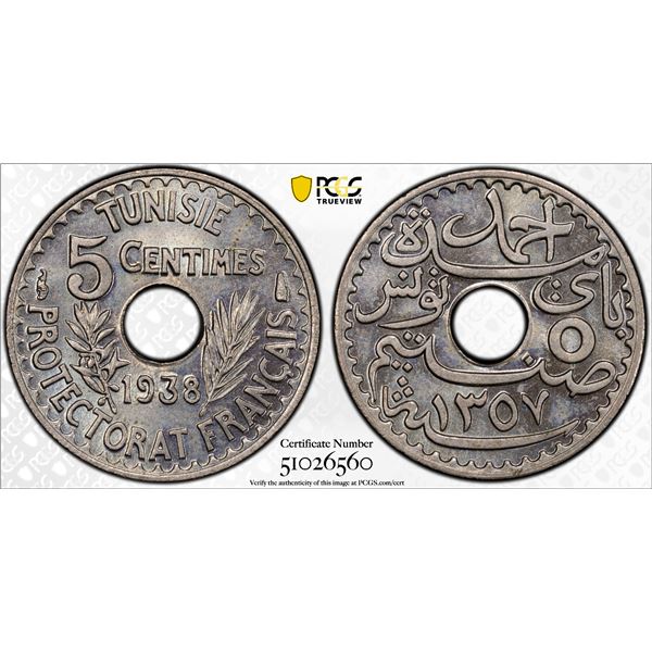 TUNISIA: Ahmad II, 1929-1942, 5 centimes, 1938/AH1357, PCGS MS65
