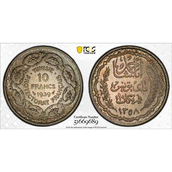 TUNISIA: Ahmad II, 1929-1942, AR 10 francs, 1939/AH1358, PCGS MS65