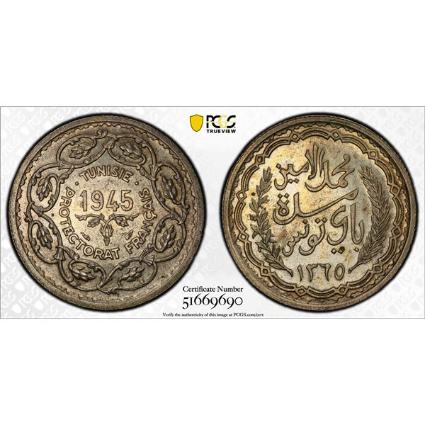 TUNISIA: Muhammad VIII, 1943-1956, AR 10 francs, 1945/AH1365, PCGS MS65