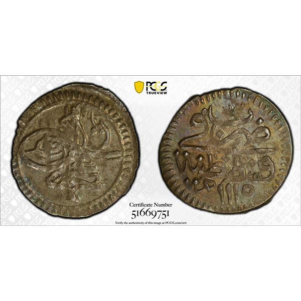 TURKEY: Ahmed III, 1703-1730, AR akçe, Kostantiniye, AH1115, PCGS MS63