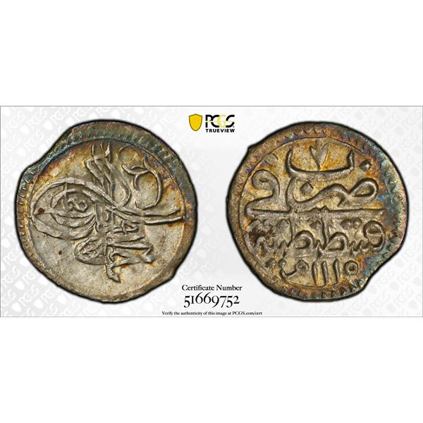 TURKEY: Ahmed III, 1703-1730, AR akçe, Kostantiniye, AH1115, PCGS MS62