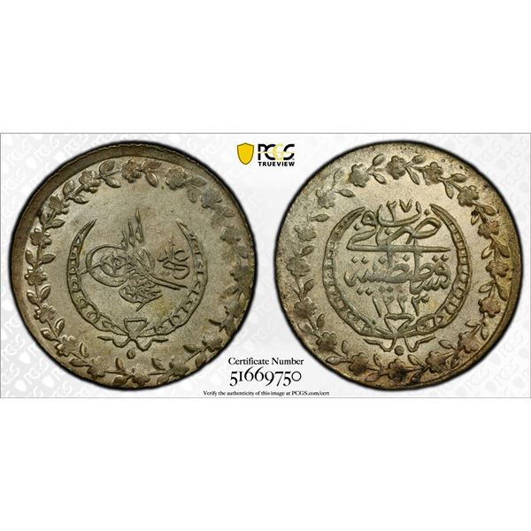 TURKEY: Mahmud II, 1808-1839, AR 20 para, Kostantiniye, AH1223 year 27, PCGS MS64