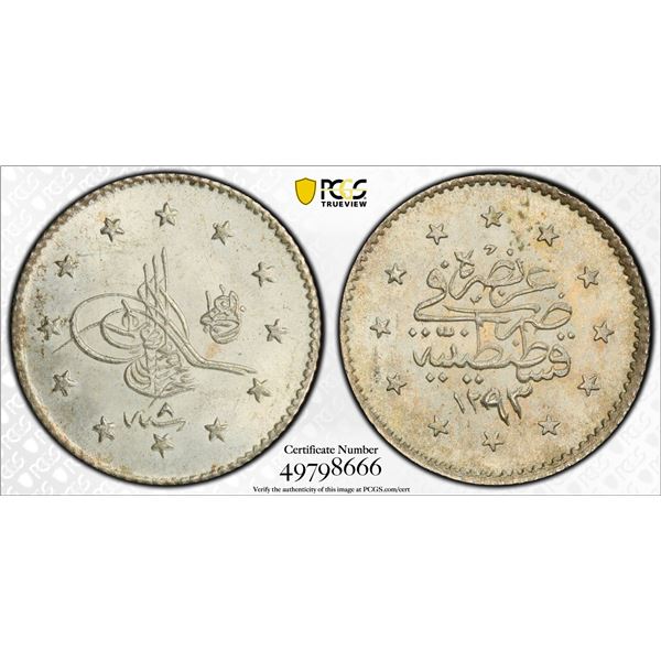 TURKEY: Abdul Hamid II, 1876-1909, AR kurush, Kostantiniye, AH1293 year 8 (1883), PCGS MS66